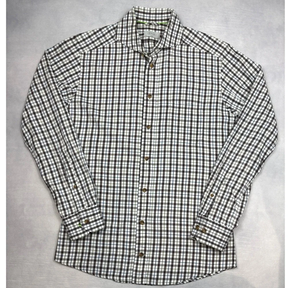 Eton‎ Slim Fit Dress Shirt Mens 15 38 Brown Blue Green Plaid Check Long Sleeve